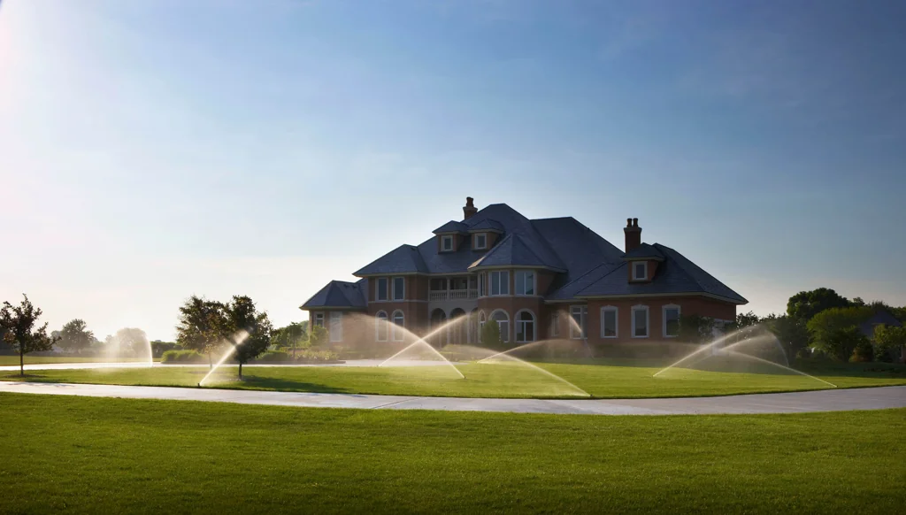 A broad residential lawn being watered by an underground sprinkler system