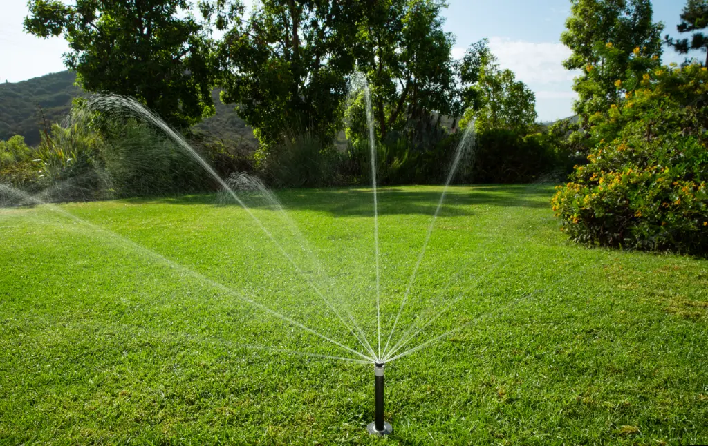 Close-up of a multi-stream sprinkler watering a lush lawn beside trees and shrubs
